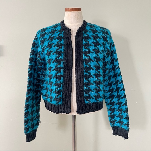 Blogger Favorite Zara Blue Houndstooth knit cardigan sweater Small - Picture 1 of 6